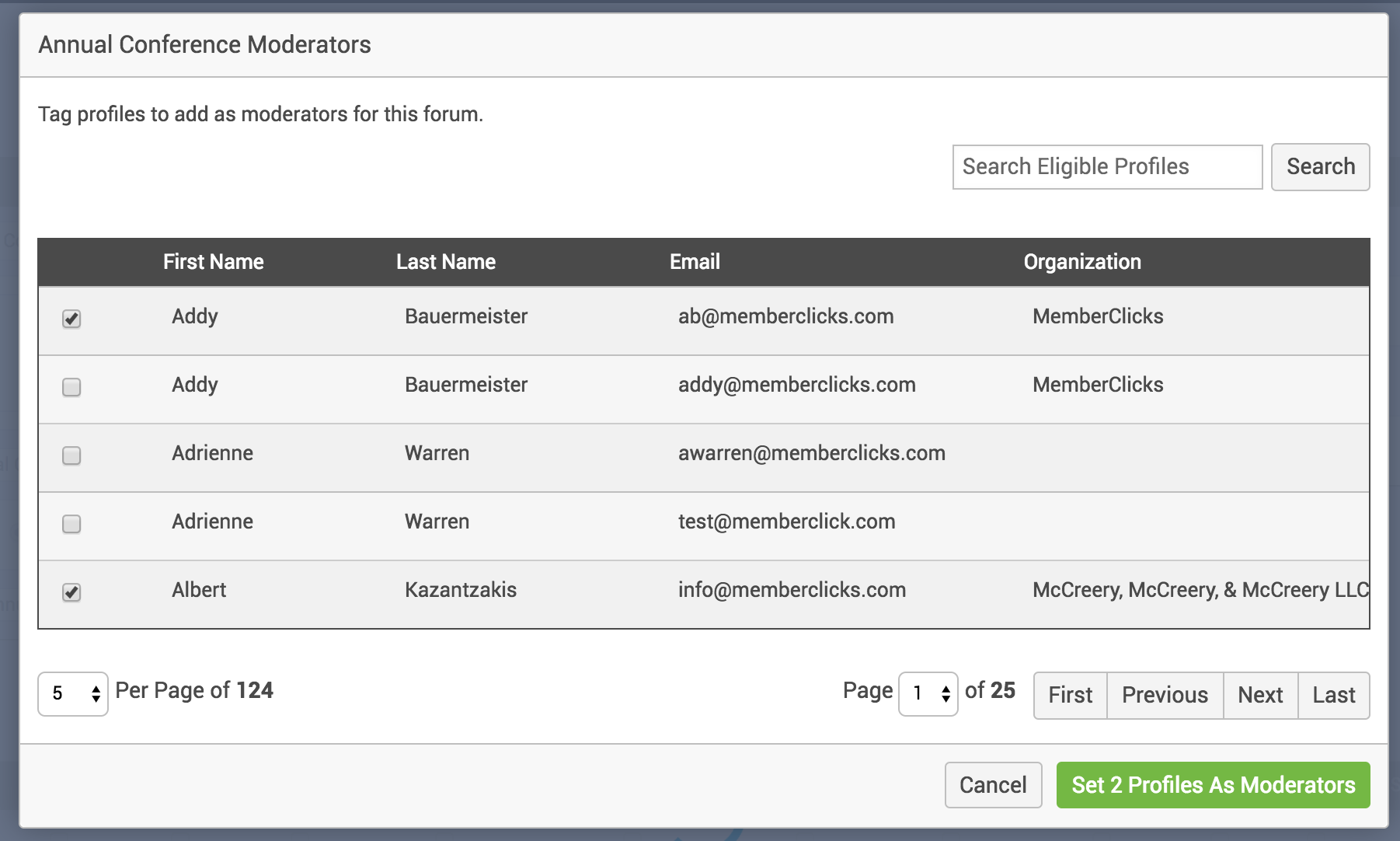 The moderator selection window with users tagged