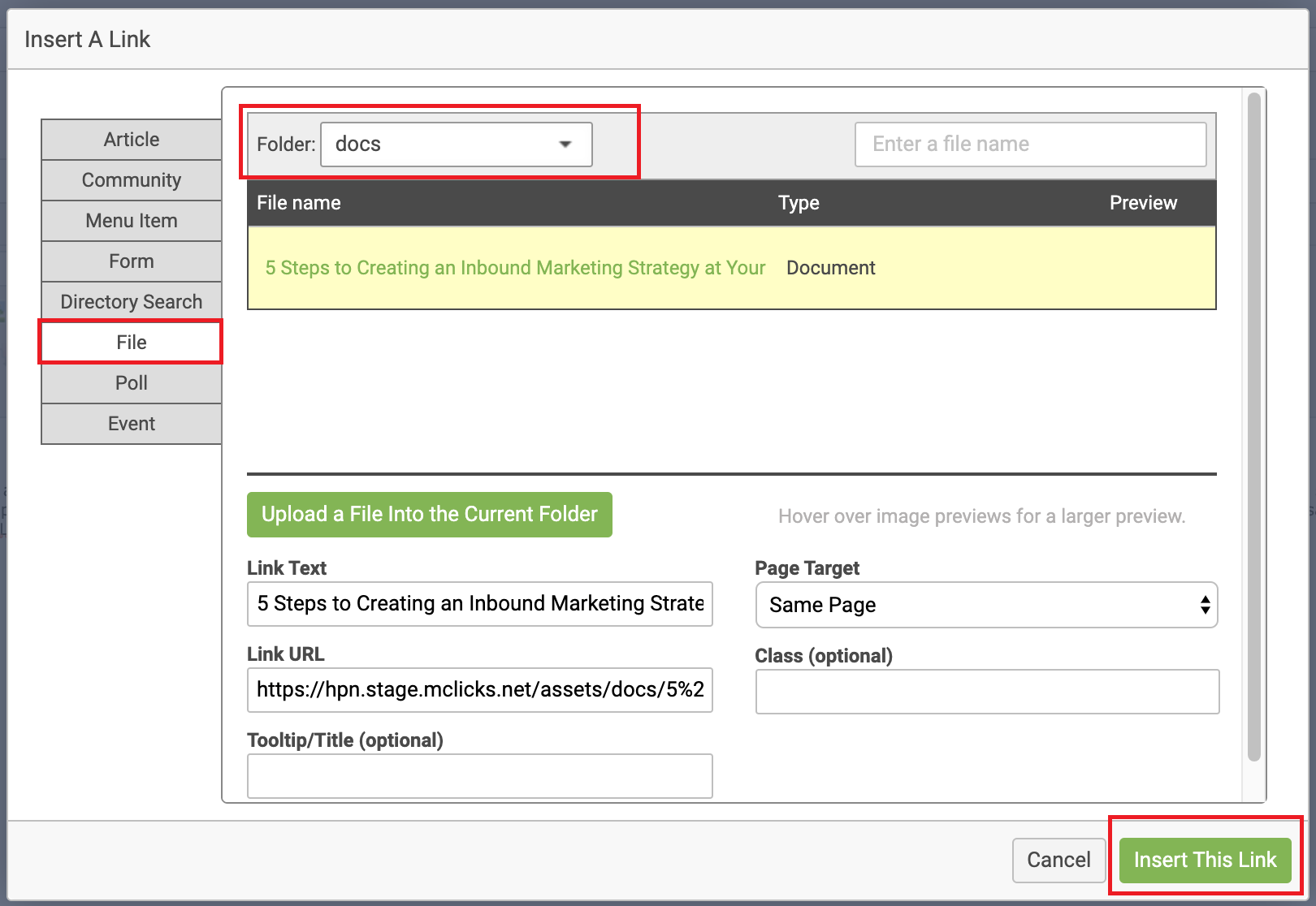 The Site Links file picker with Insert this Link