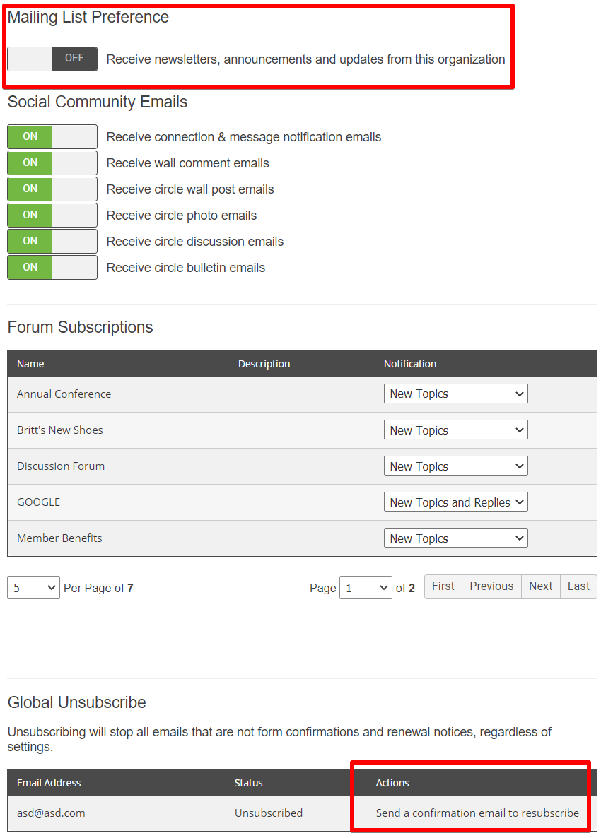The Contact Preferences tab in a member profile with the resubscribe option