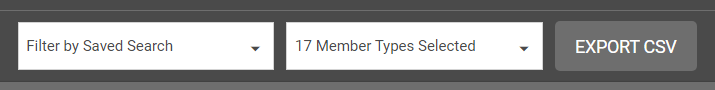 The engagement results grid with member type and saved search filters and the Export to CSV option