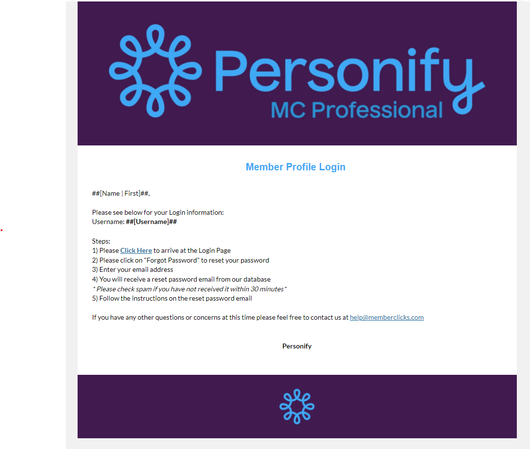 Preview of the member login email template