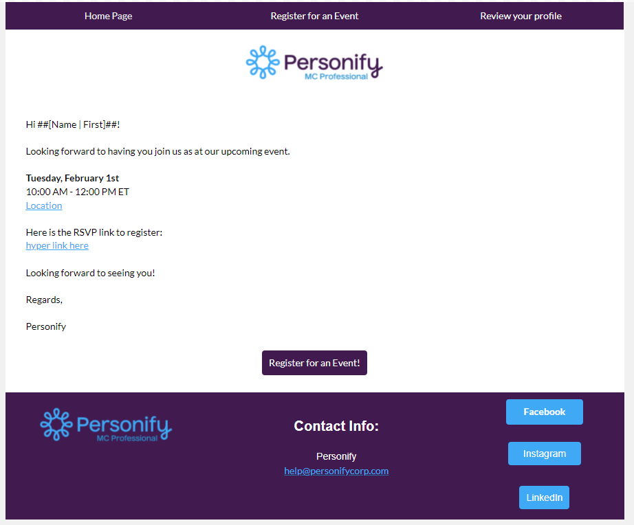 Preview of the event email template