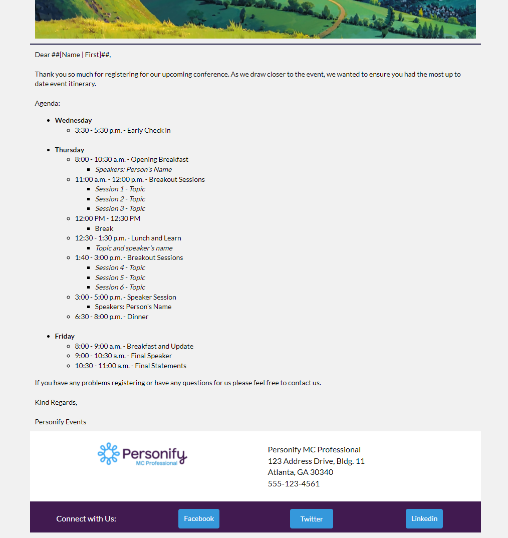 Preview of the event agenda email template