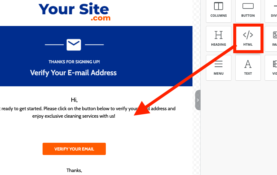 The HTML element dragged into the email body as the anchor destination