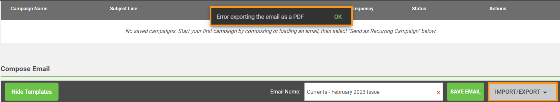 The error message shown when a PDF export fails because an image is too large