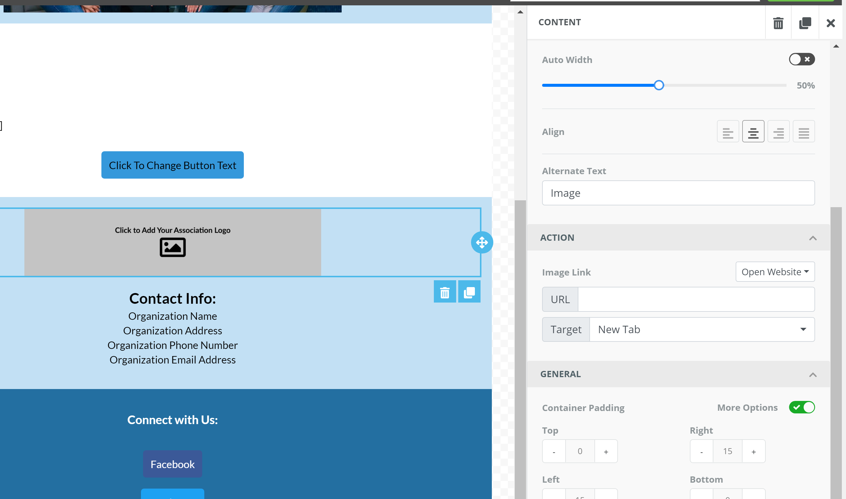 The Image element settings with upload, URL, and width options