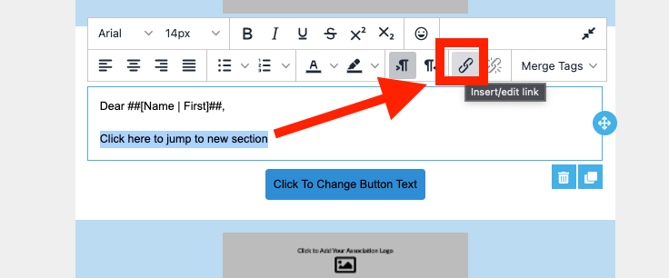 Highlighted text with the Insert/Edit link tool and the anchor URL entered
