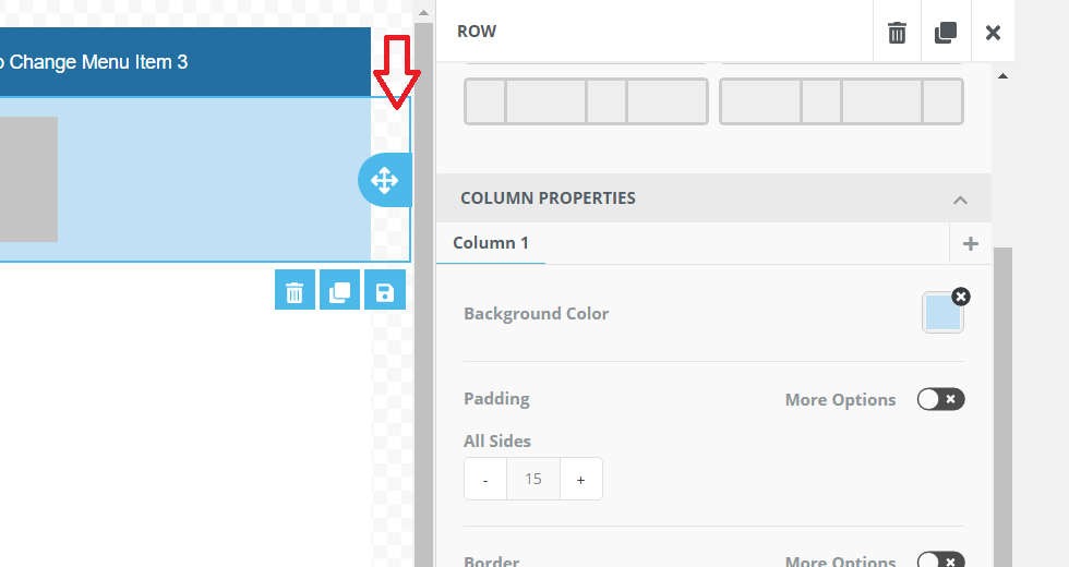 A selected row of columns with the Row settings panel on the right