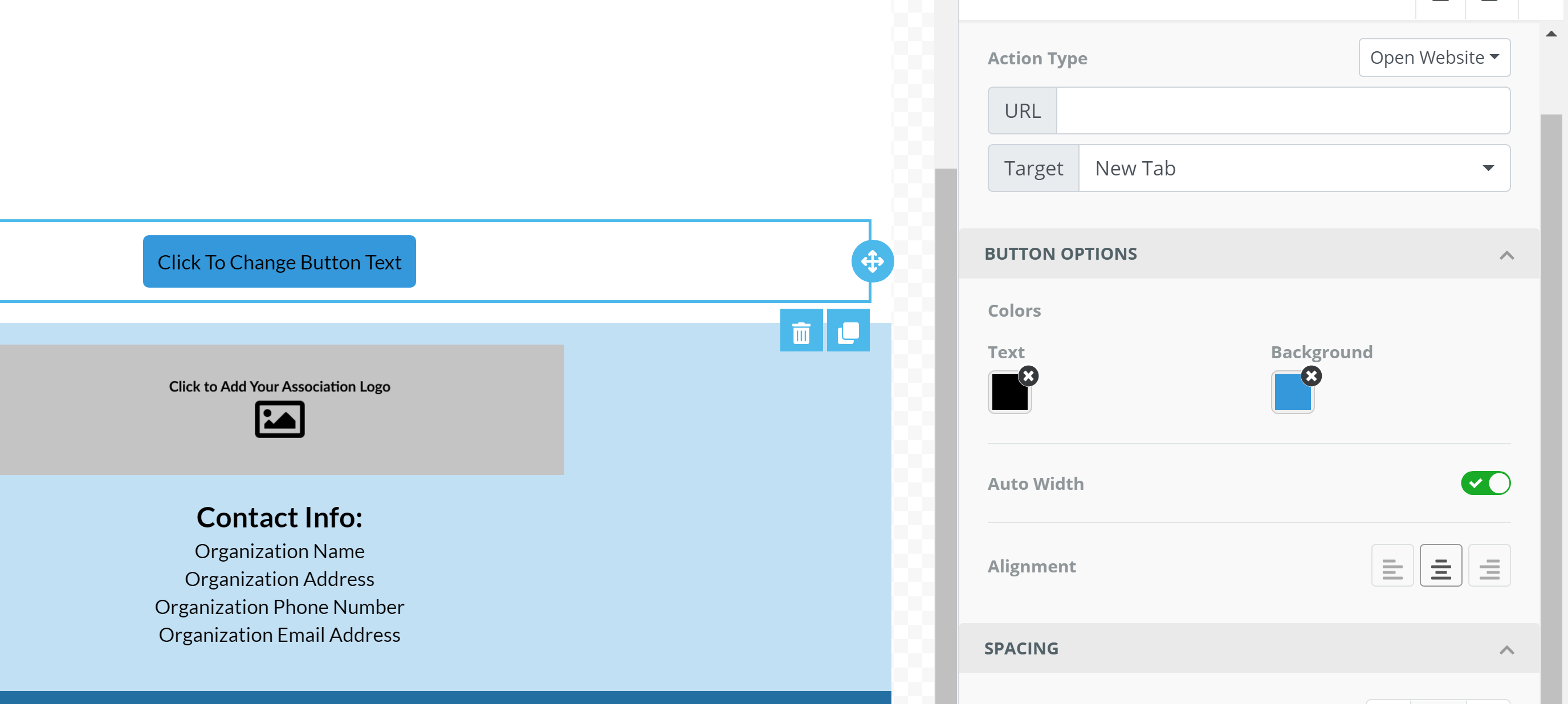 The Button element settings with action, color, and alignment options