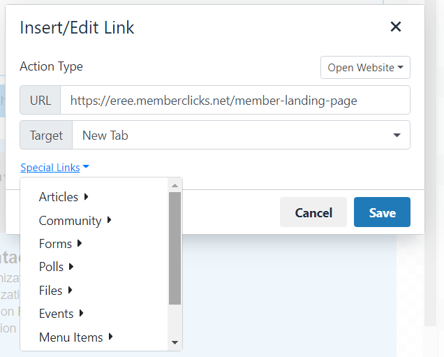 The Insert Link dialog with the Special Links list of site links