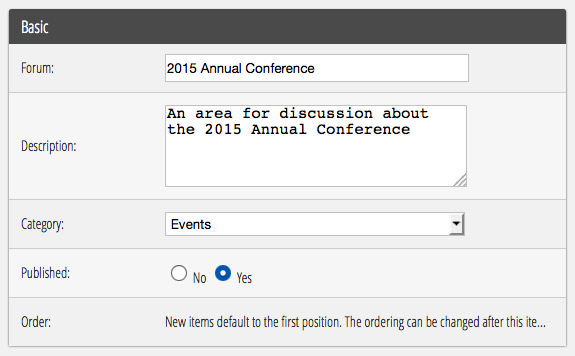 The forum Basic settings with name, description, category, and published fields