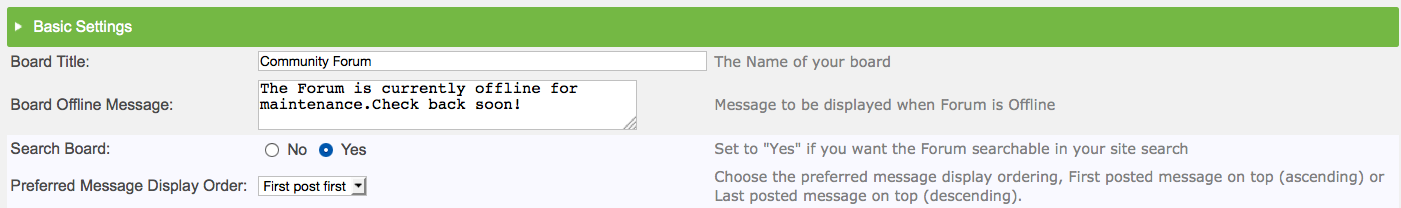 The Global Configuration Basic Settings with board title and post order options