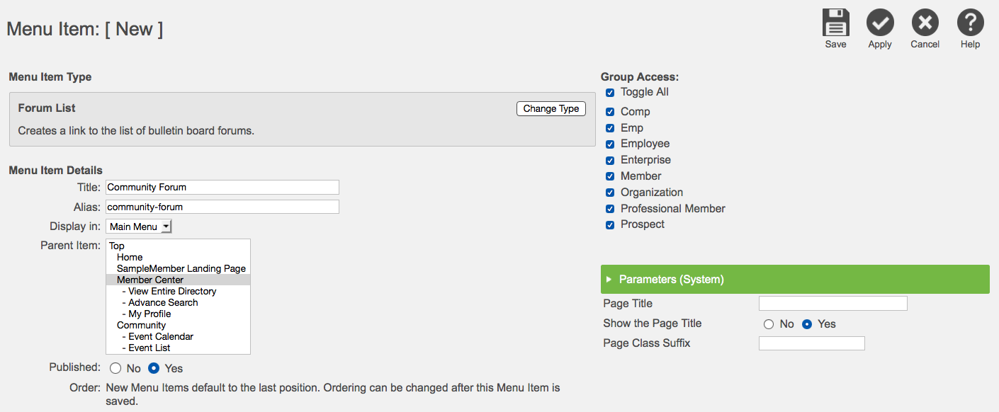 The new menu item form with name, alias, and parent menu fields