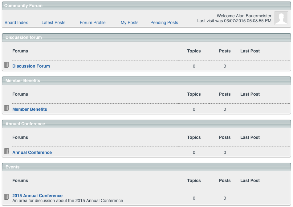 The community forum as members see it, with categories and forums