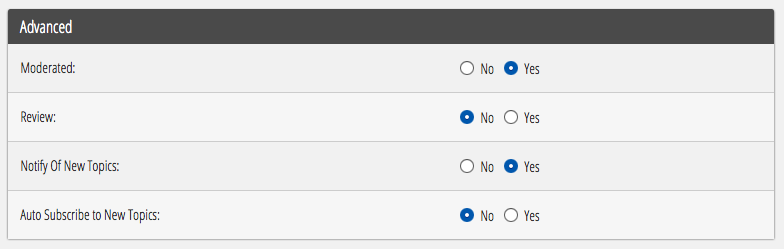 The forum Advanced Settings with moderated, review, and notification options