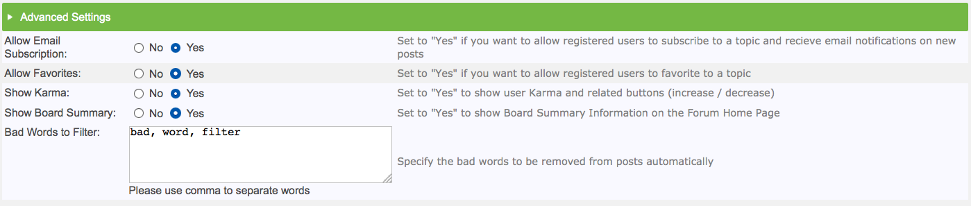 The Global Configuration Advanced Settings with subscriptions, favorites, and karma options