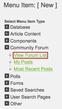 The menu item type selection with Community Forum and View Forum List selected