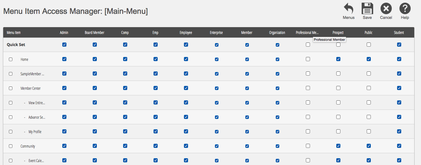 The Manage Menu Access Permissions window with groups selected
