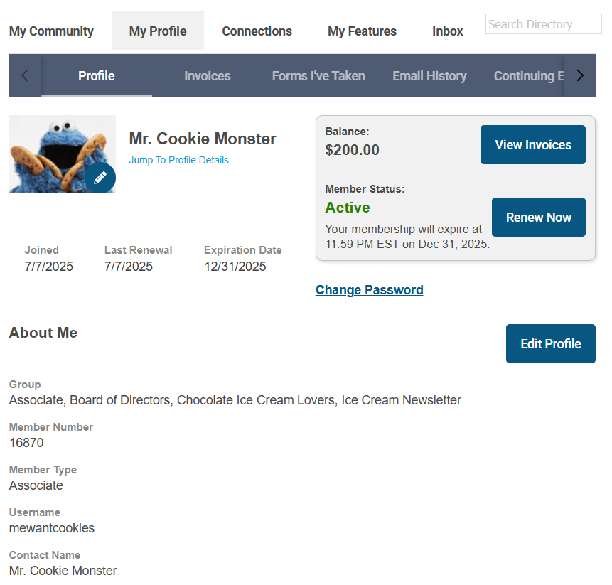 The member profile view showing a member's profile details, invoices, and account options