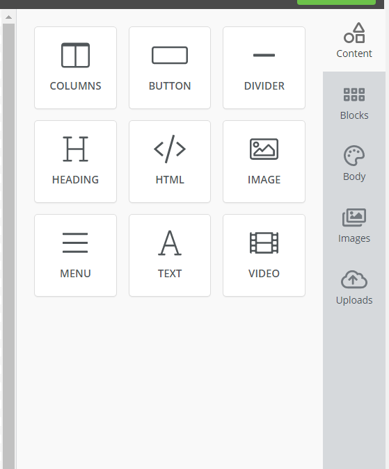 The Content panel with drag-and-drop element types